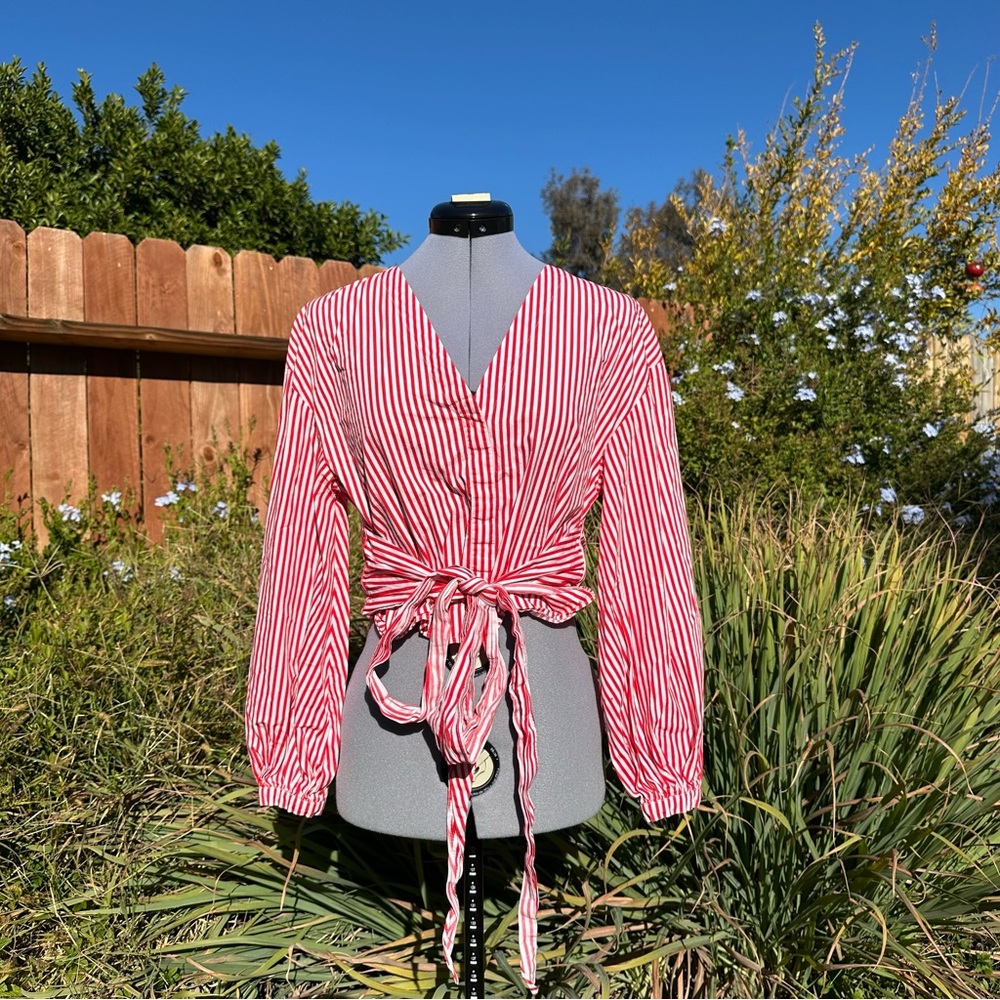 H&M Tie Cotton Red and White Striped Button Up Blouse Size 6